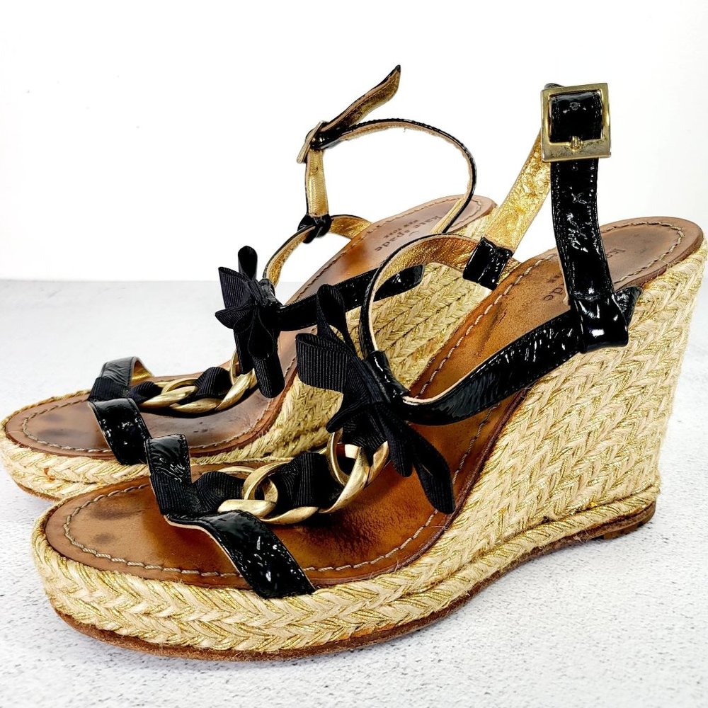 KATE SPADE Wedge Black Leather Espadrilles Sandals 8 Gold Chain Open Toe - Picture 1 of 14